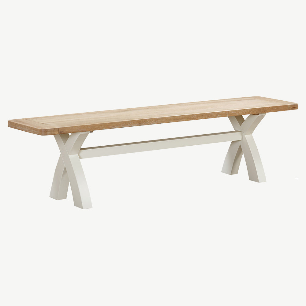 Painted off-white cross leg bench with natural wood top
