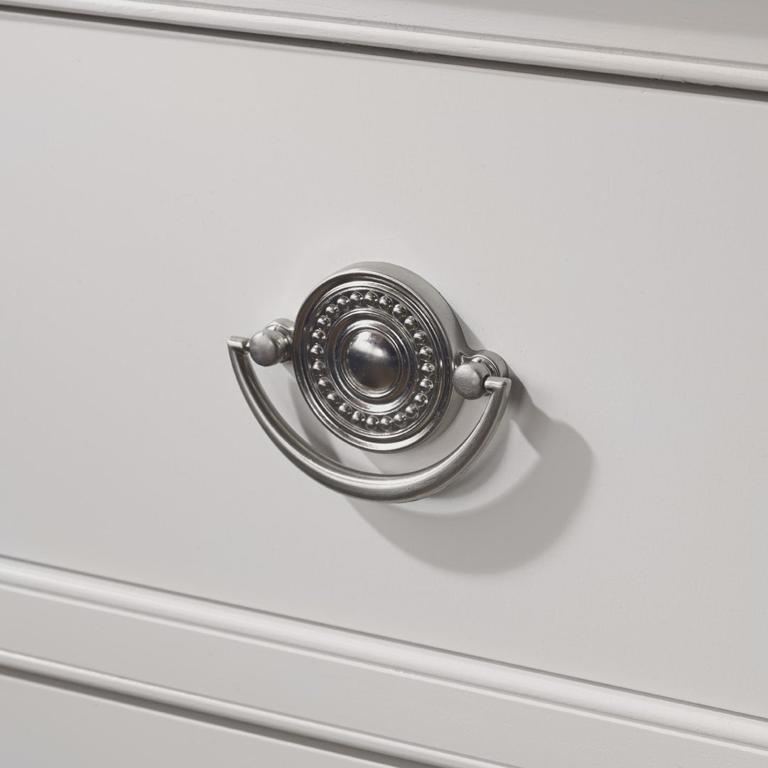 Wooden 1 drawer nightstand in painted white finish with silver handles
