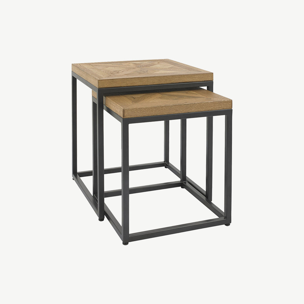 Oak veneer nest of tables with black powder coated metal base

