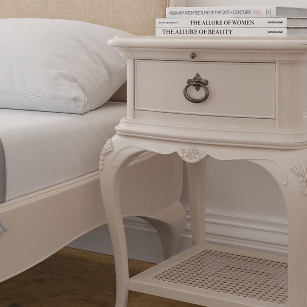 French inspired wooden ivory bedside cabinet in cream finish with antique bronze handle
