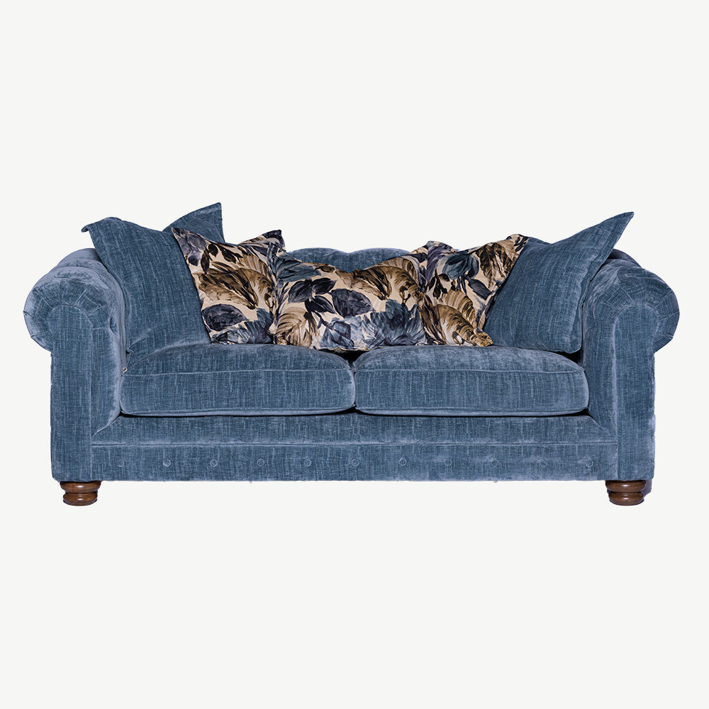 3 seater sofa in upholstered blue fabric with wooden legs