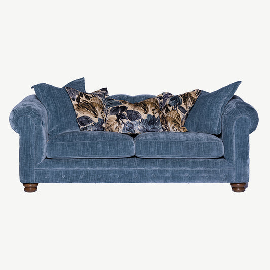 3 seater sofa in upholstered blue fabric with wooden legs