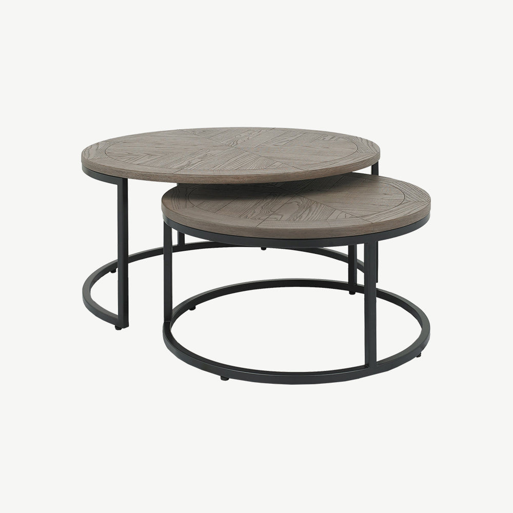 Wooden coffee table nest with saw-cut ash chevron pattern in silver grey finish and black powder coated metal base