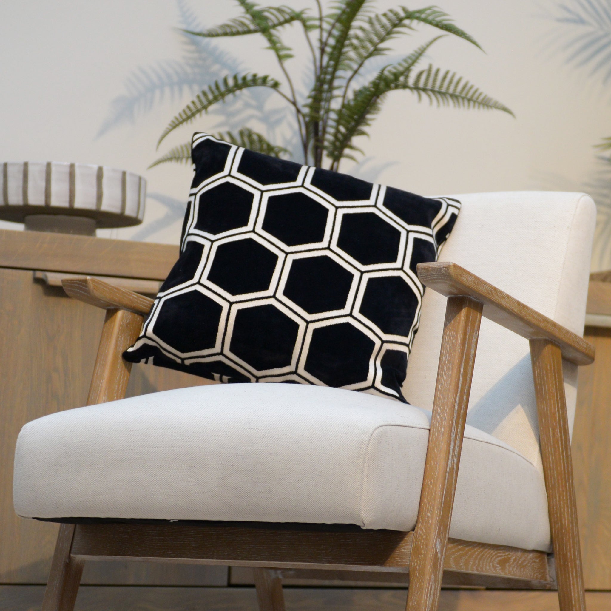 Ivory Hexagon Cushion in Black
