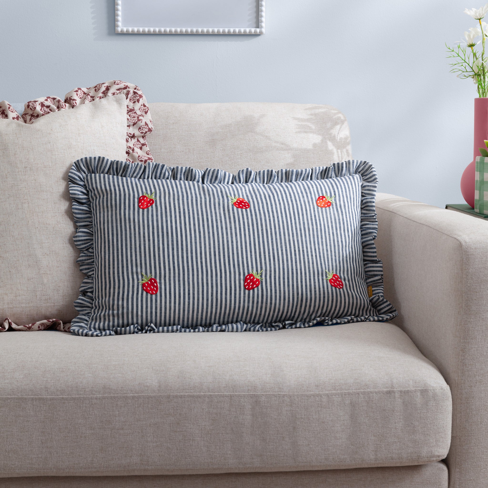 Luna Embroidered Ruffle Cushion in Red