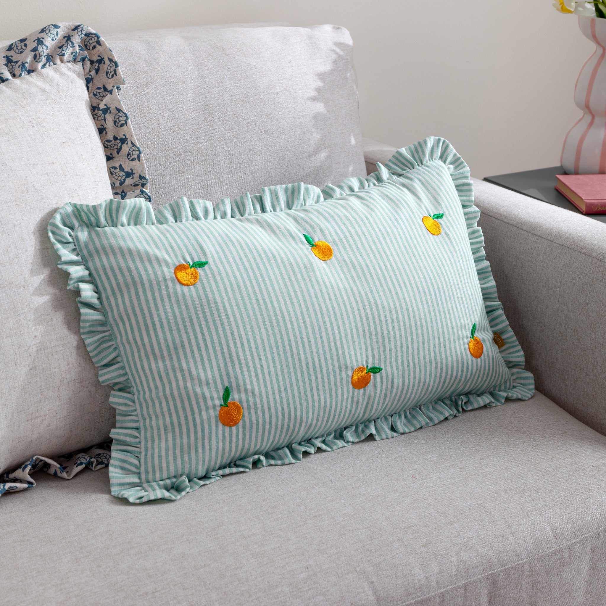 Luna Embroidered Ruffle Cushion in Orange