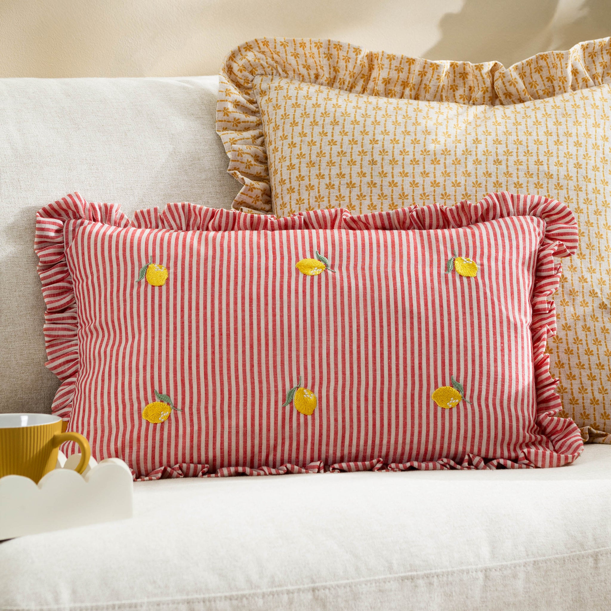 Luna Embroidered Ruffle Cushion in Yellow
