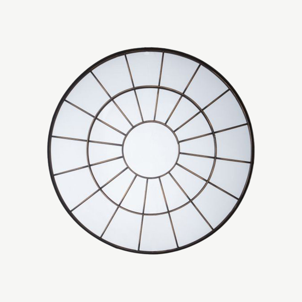 Bronze effect metal frame circular mirror with intricate web design