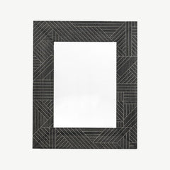 Wooden frame mirror finished in a sleek black wash and thin white geometric lines