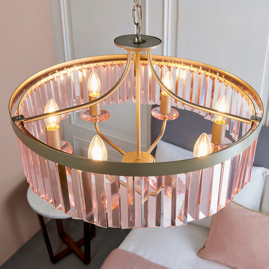 Rose pink chandelier with champagne finish frame and rose pink faceted cut glass pieces