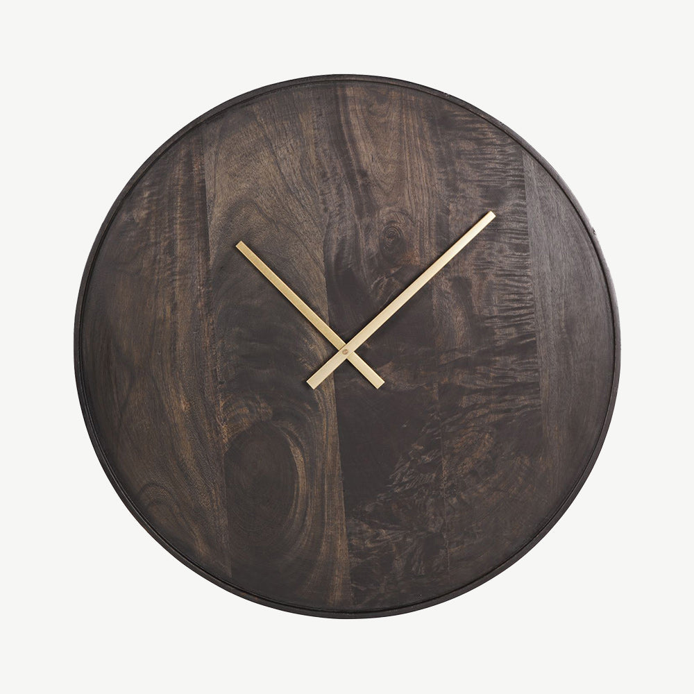 Solid mango wood wall clock in black smoke finish and antique brass hands