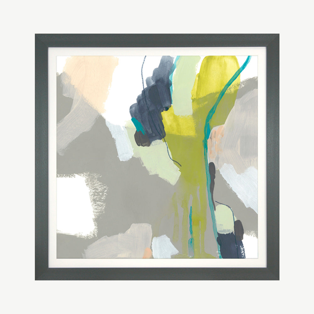 Artwork with splashes of yellow and green set on a sleek grey frame