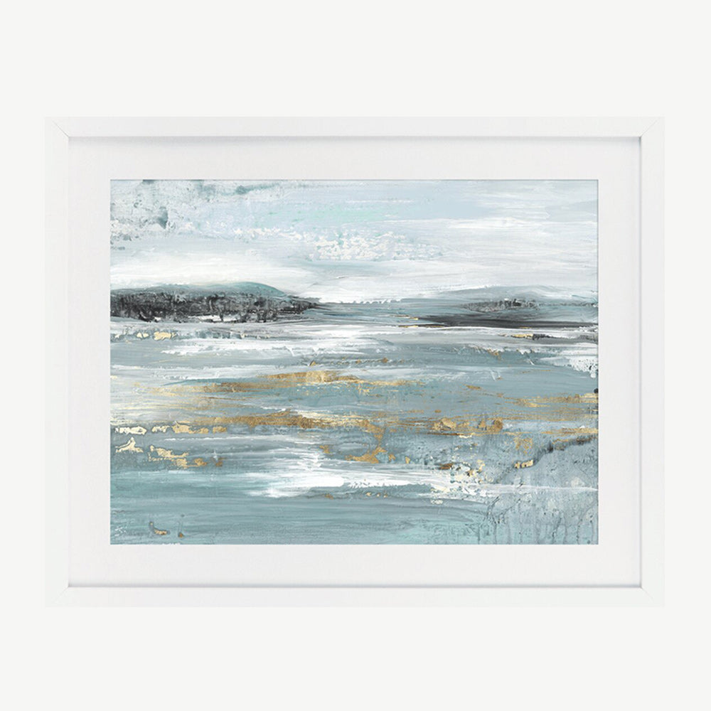 Peaceful abstract seascape artwork in a chic matt white wooden frame with off white mount