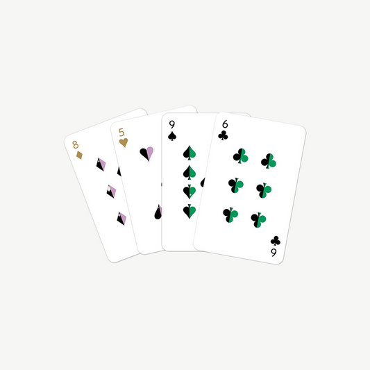 Gold foiled-stamped playing cards in versaille pattern featuring amethyst and emerald