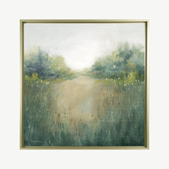 Nature scene wall art, featuring a peaceful pond encircled by lush flowers and trees, all portrayed in soft green and neutral hues