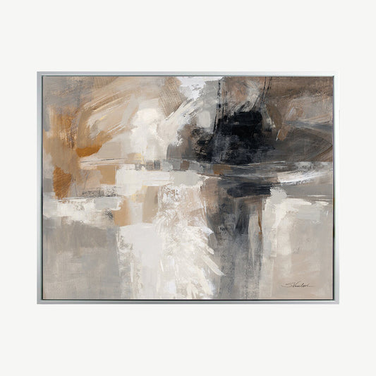 Abstract design artwork in shades of brown, grey and white placed on a sleek grey frame