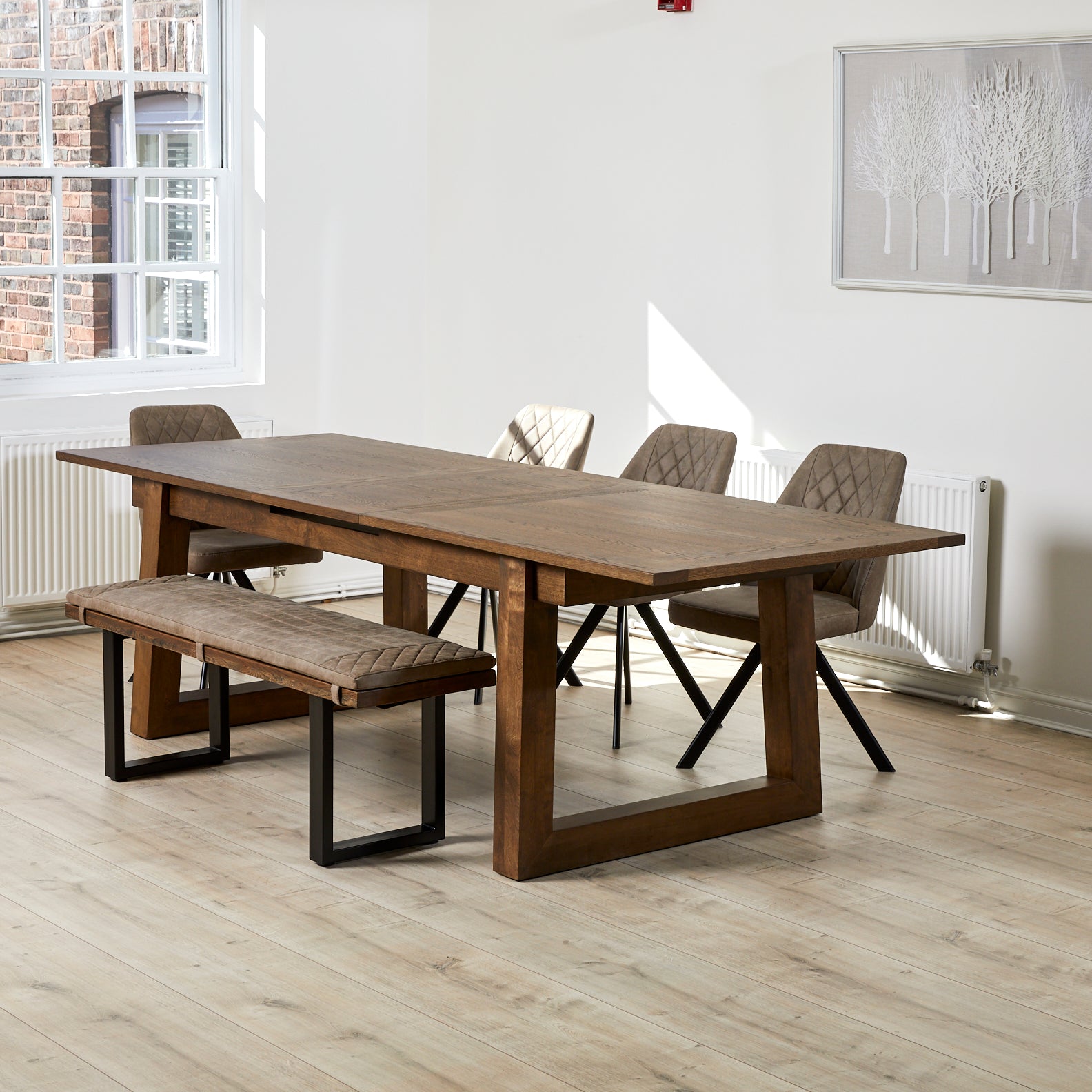 Freja Extending Dining Table with Seating Bundle in 5 Kalvis Swivel Chairs and Kalvis Bench with Seat Pad