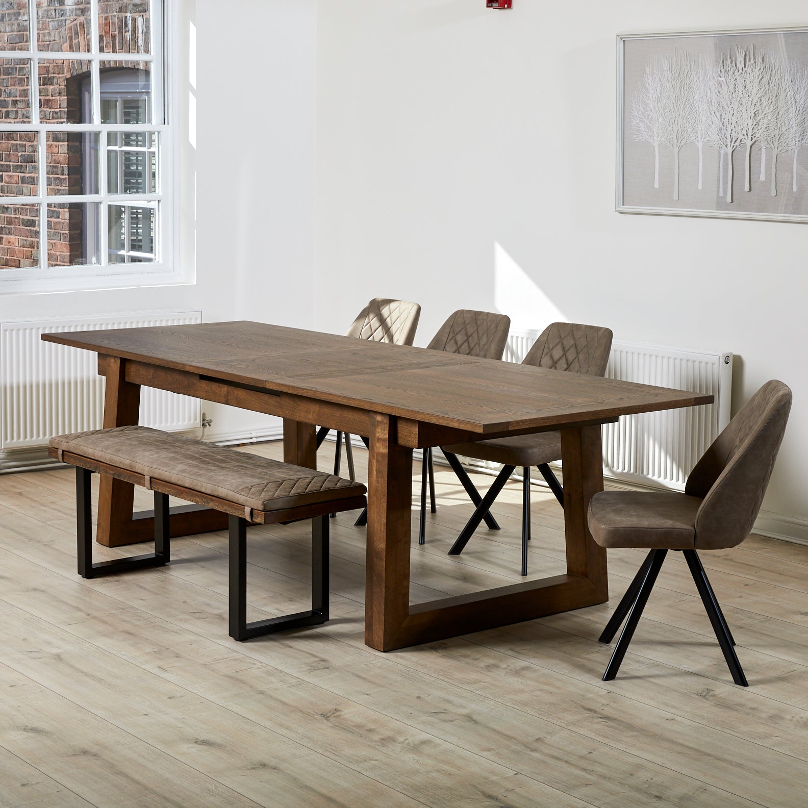 Freja Extending Dining Table with Seating Bundle in 5 Kalvis Swivel Chairs and Kalvis Bench with Seat Pad
