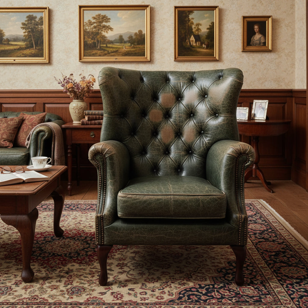 Albert Rubbed Leather Armchair in Green