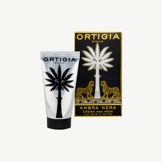 Ortigia ambra hand cream in silver and black decorative 