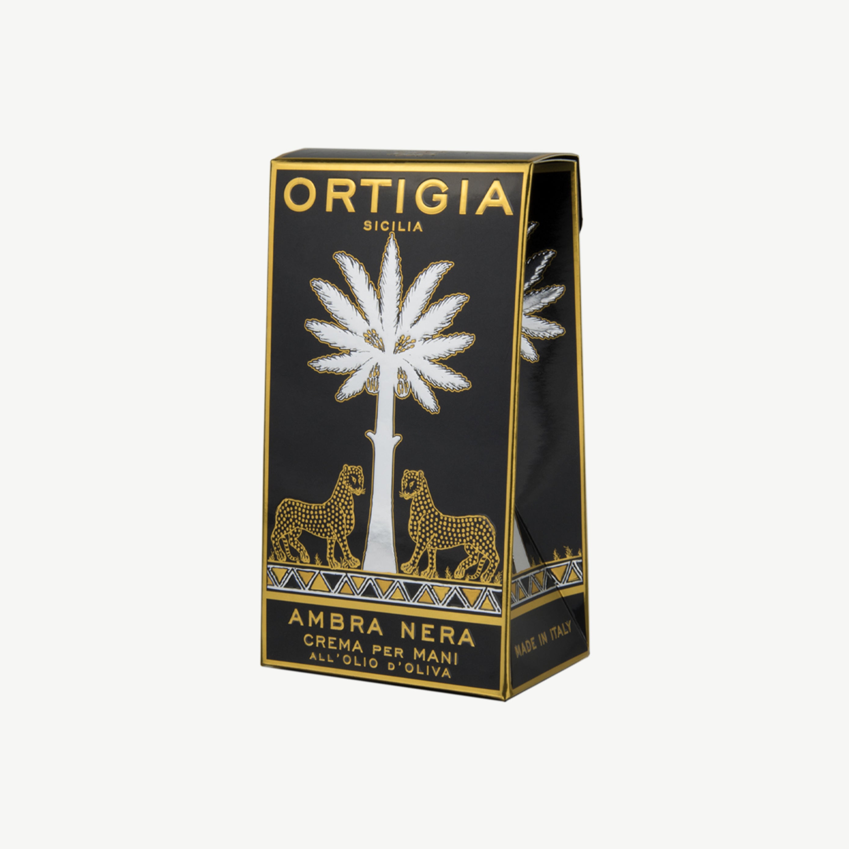 Ortigia ambra hand cream in silver and black decorative 
