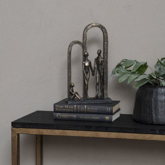 Antique bronze family arches sculpture with black base