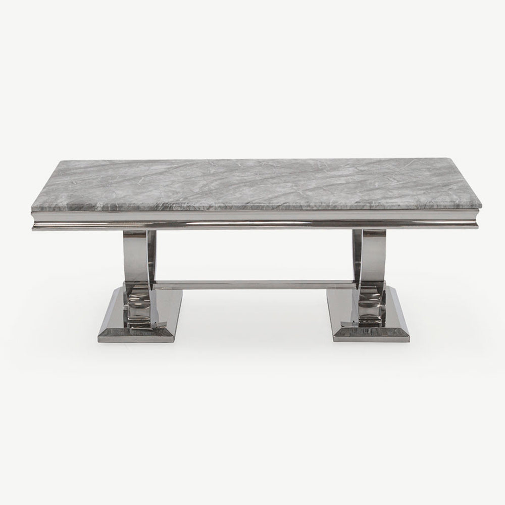 Contemporary polished steel coffee table with marble top