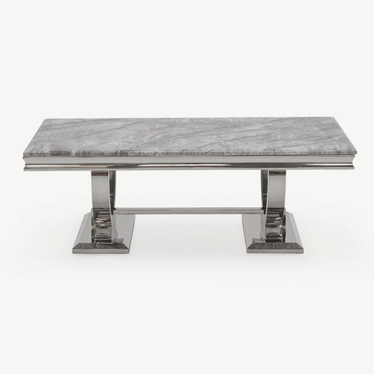 Contemporary polished steel coffee table with marble top