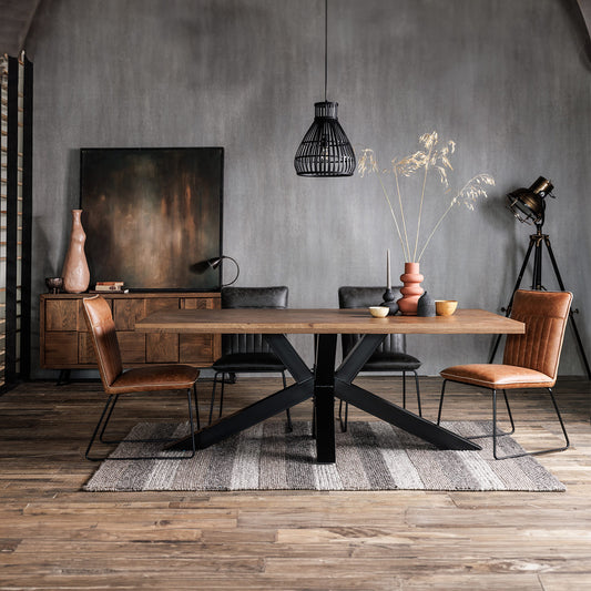 Rustic solid oak dining table with star burst effect black legs
