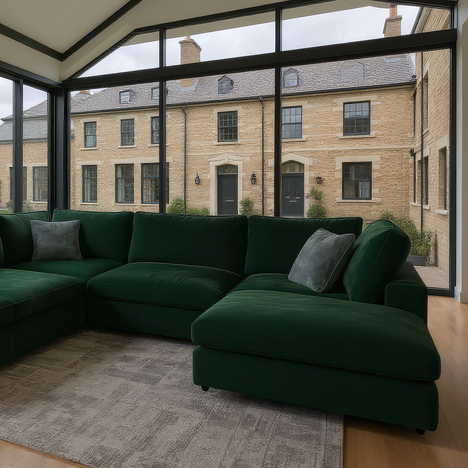 Green sectional sofa in a room with large windows showing a brick building exterior.