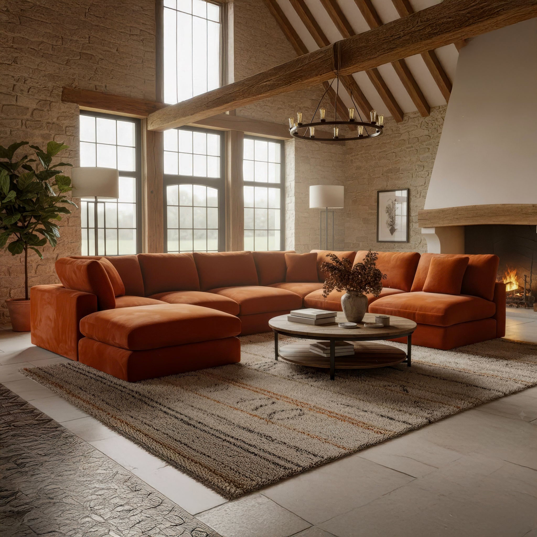 Cozy living room with orange sectional sofa, round coffee table, and large windows.