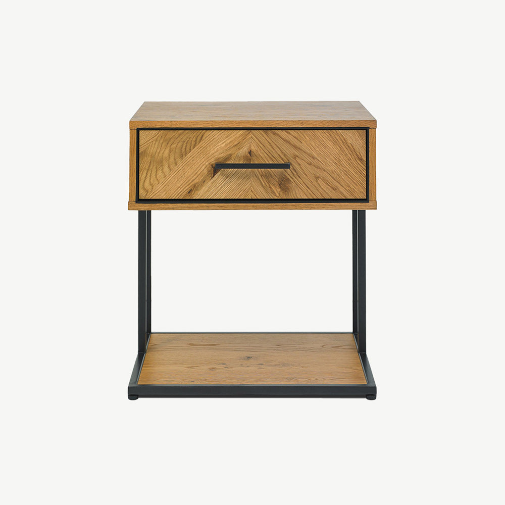 Rustic oak 1 drawer nightstand with black powder coated metal frame
