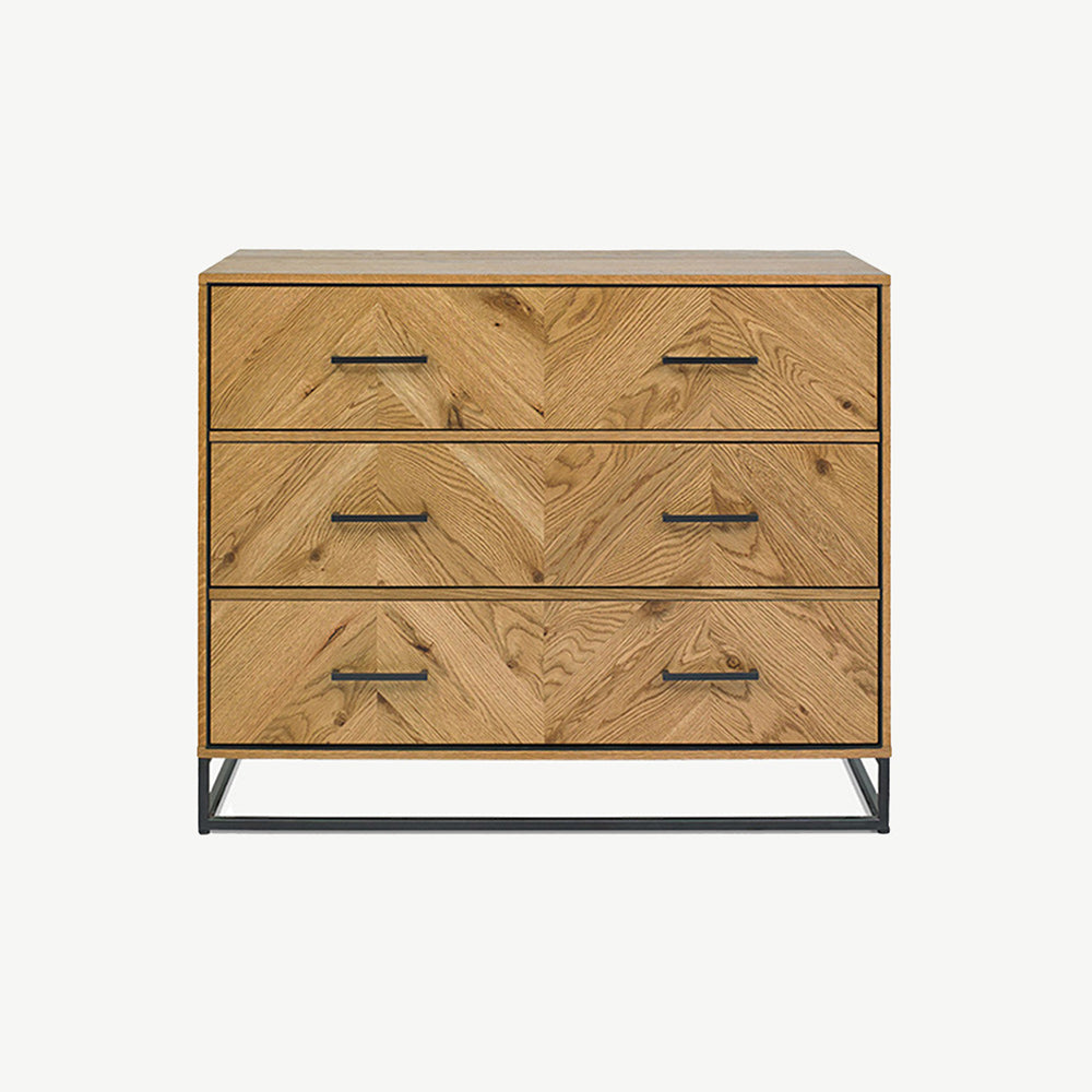 Rustic oak 3 drawer tall chest with black powder coated metal frame
