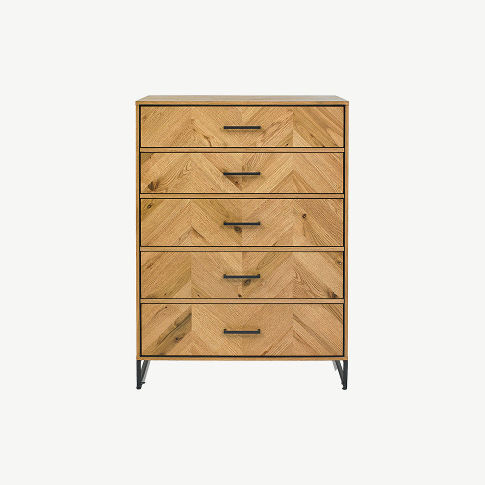 Rustic oak 5 drawer tall chest with black powder coated metal frame