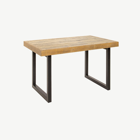 Reclaimed timber dining table in natural finish with industrial black metal legs
