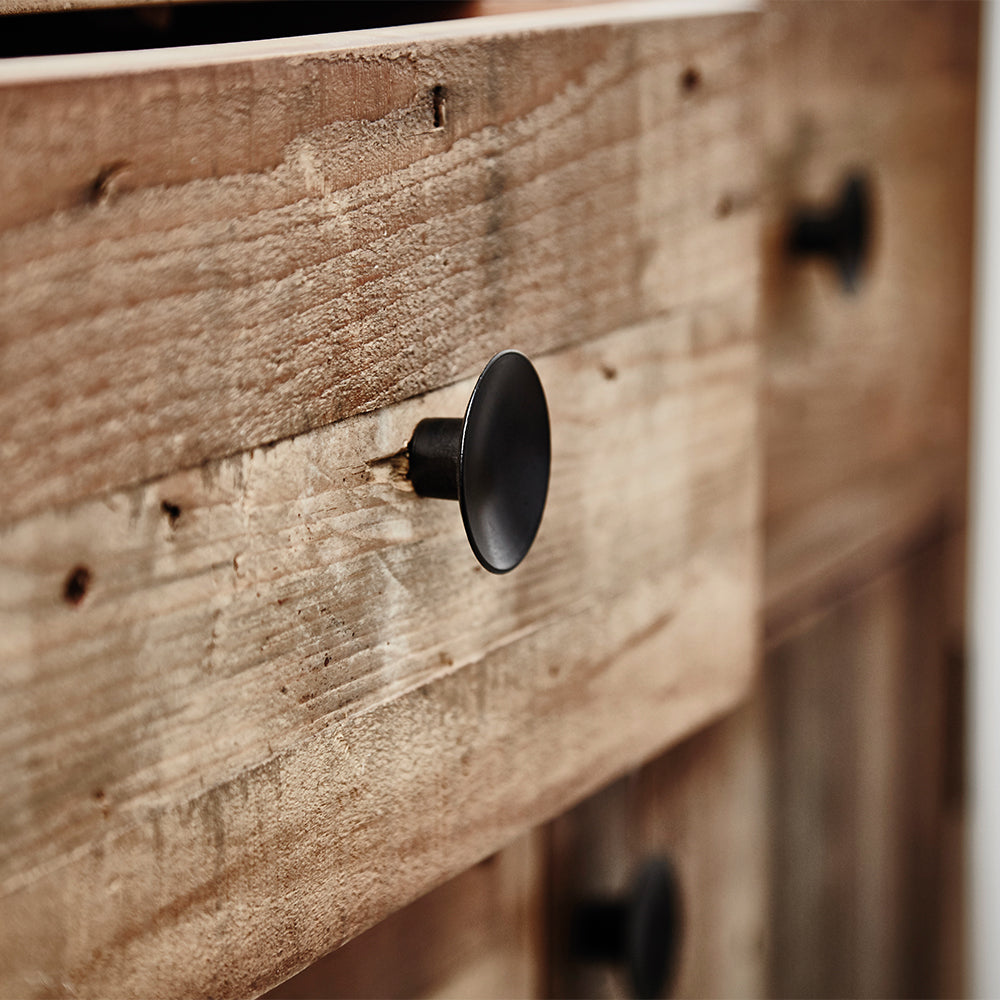 Reclaimed timber wide sideboard in natural finish with black powder coated metal feet