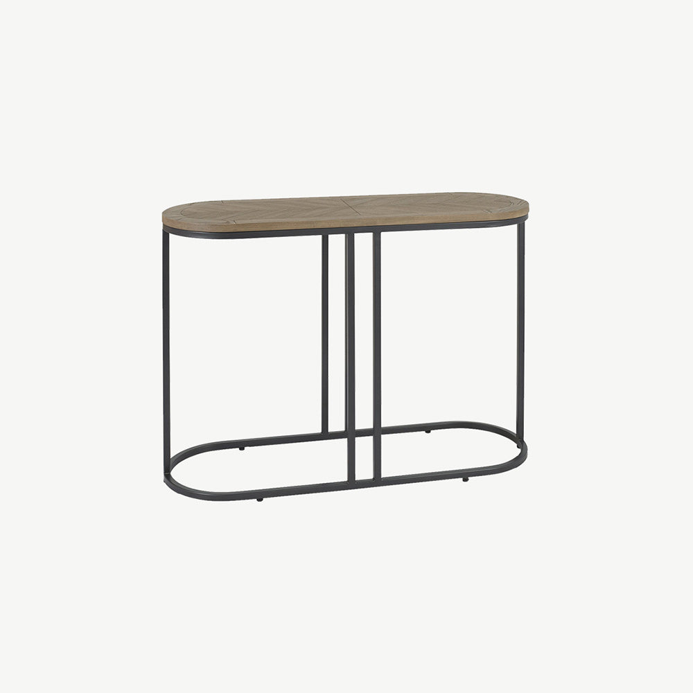 Brown ash veneer console table with marquetry top and black powder coated metal base