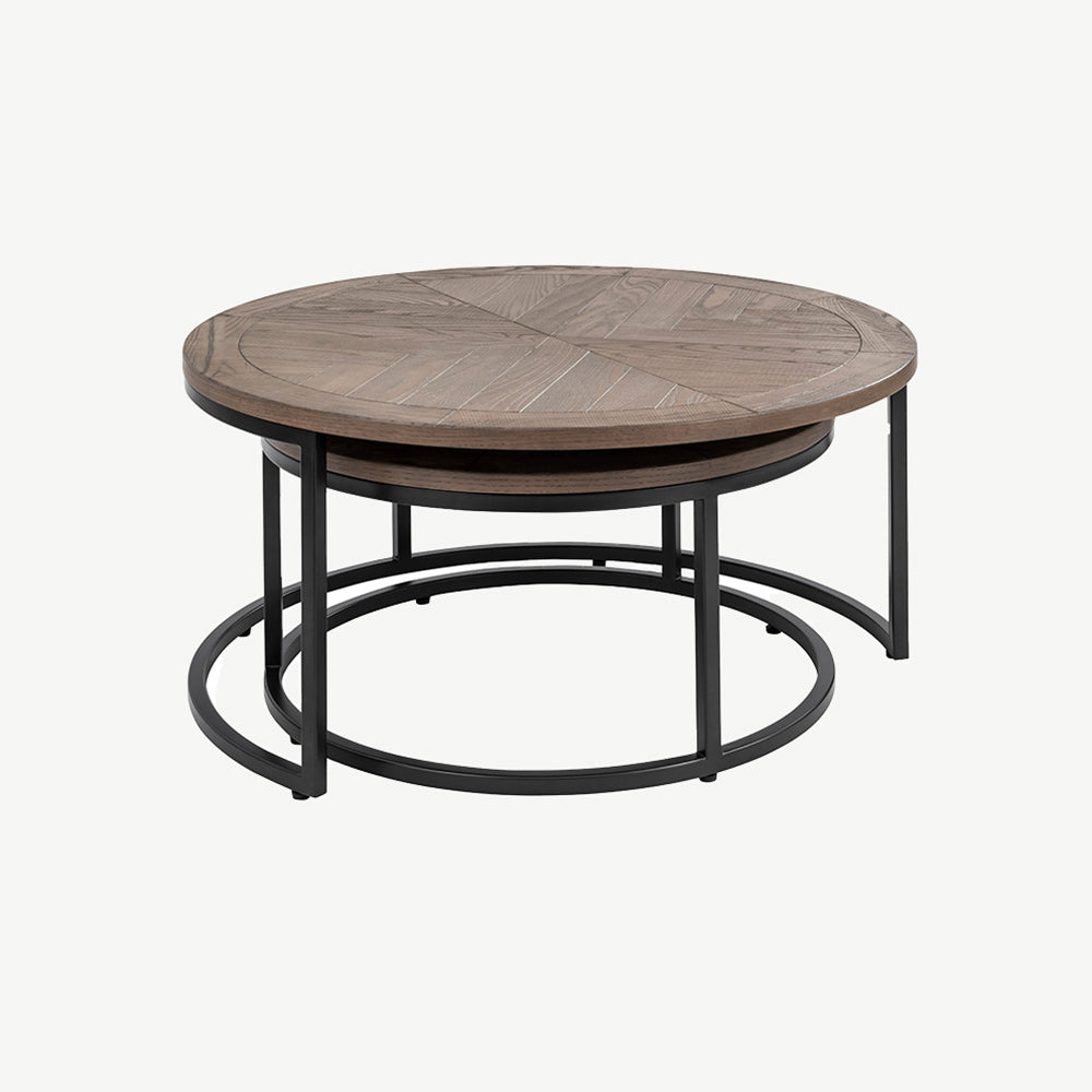 Brown ash veneer nest of tables with marquetry top and black powder coated metal base