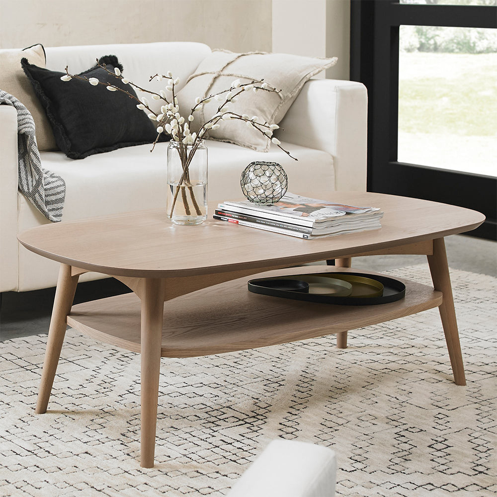 Oak veneer coffee table with shelf and solid beech legs in light oak finish