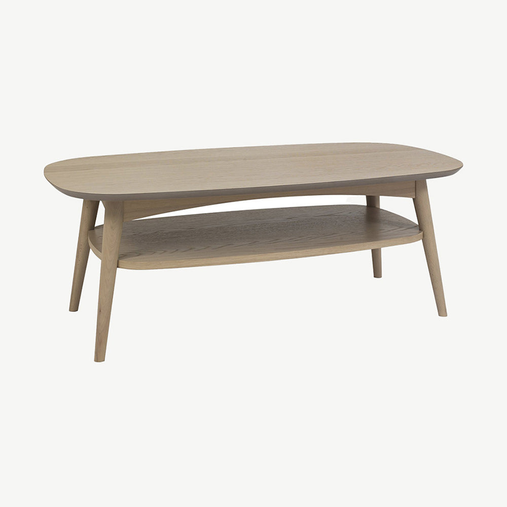 Oak veneer coffee table with shelf and solid beech legs in light oak finish