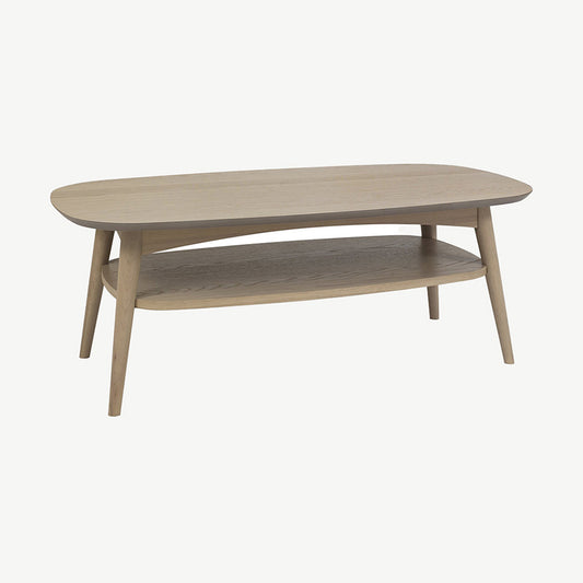 Oak veneer coffee table with shelf and solid beech legs in light oak finish