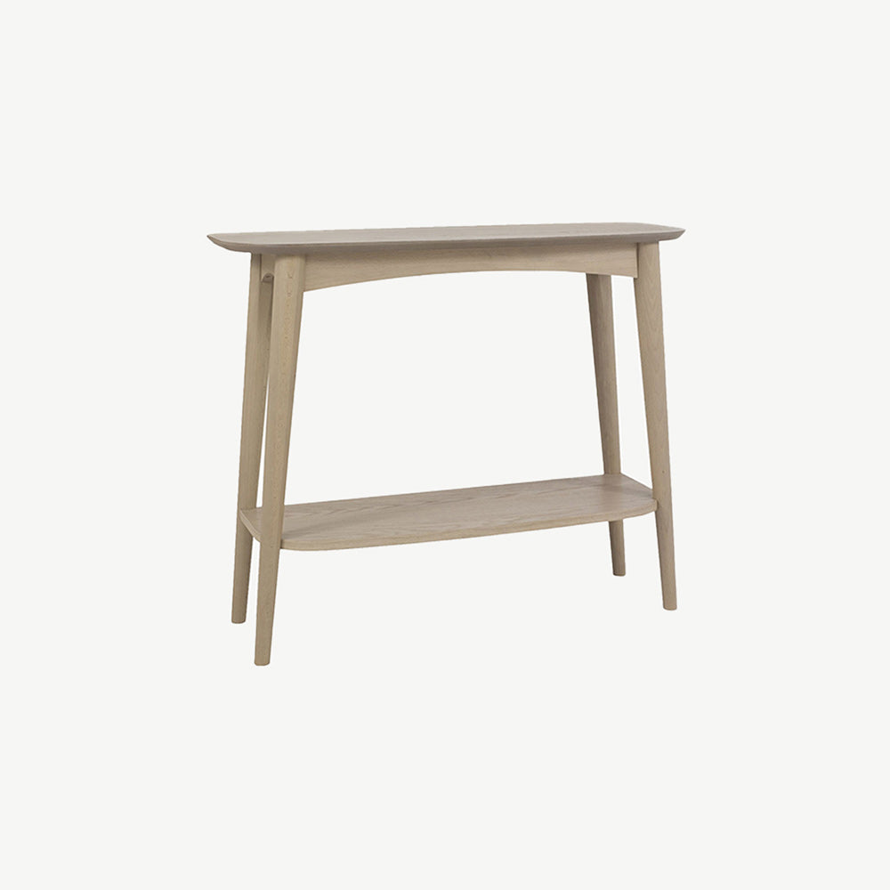 Oak veneer console table with shelf and solid beech legs in light oak finish