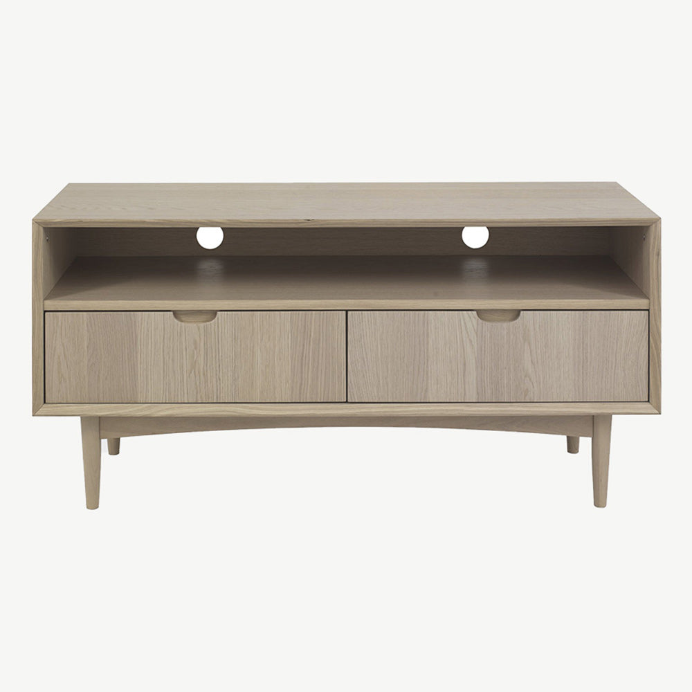 Oak veneer entertainment unit with solid beech legs in light oak finish
