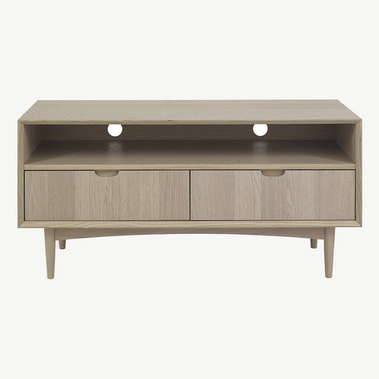 Oak veneer entertainment unit with solid beech legs in light oak finish
