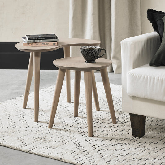 Oak veneer nest of lamp tables with solid beech legs in light oak finish
