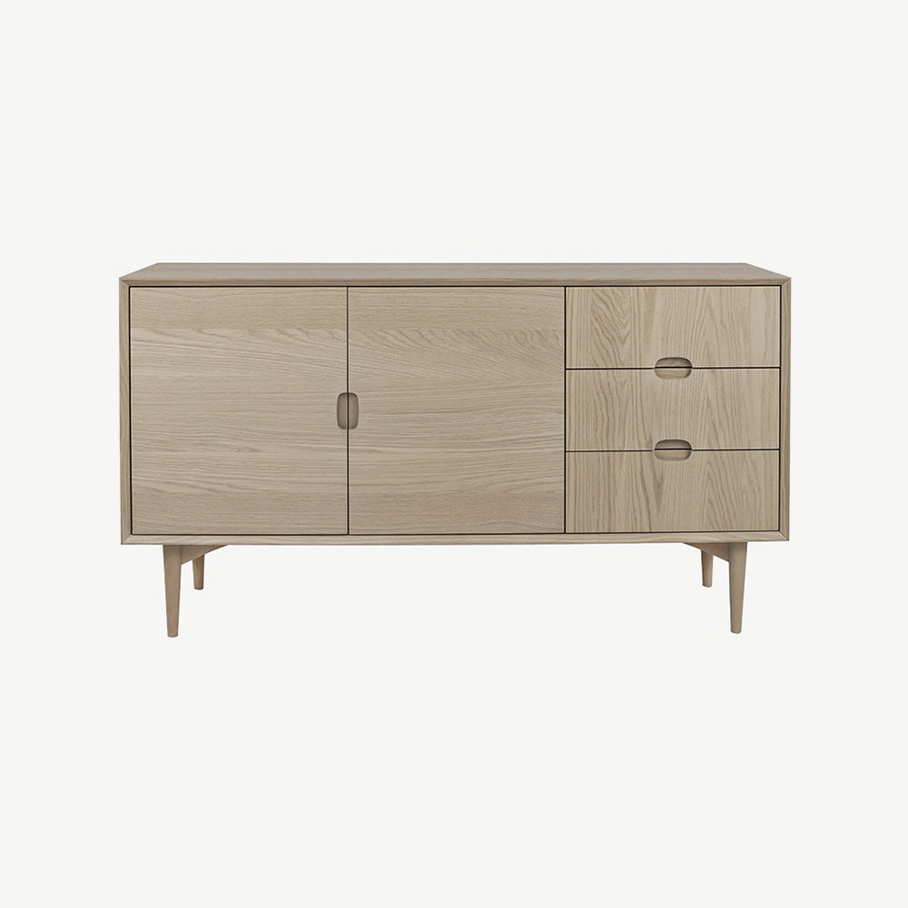 Oak veneer wide sideboard with solid beech legs in light oak finish
