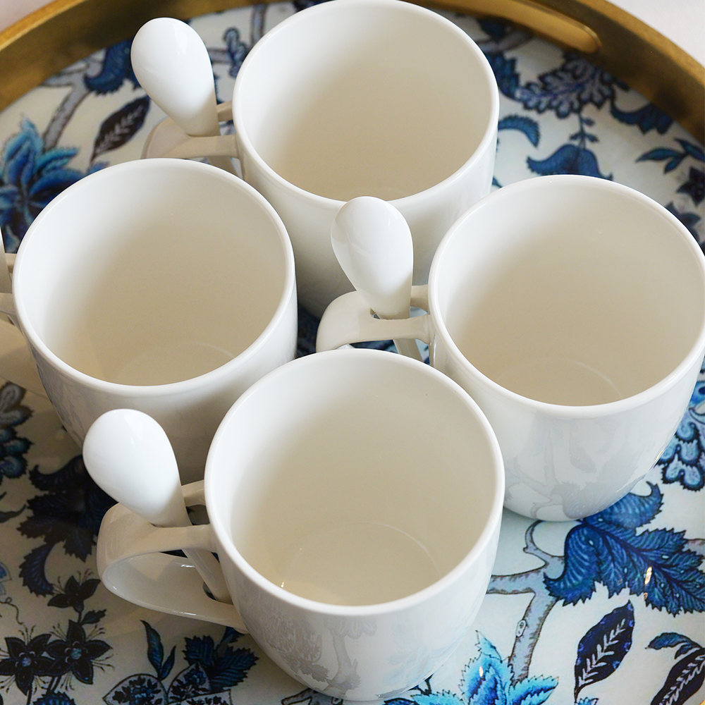 Set of 4 Bone China Mugs with Spoons