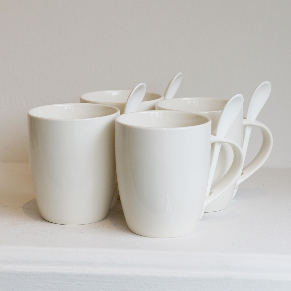 Set of 4 Bone China Mugs with Spoons