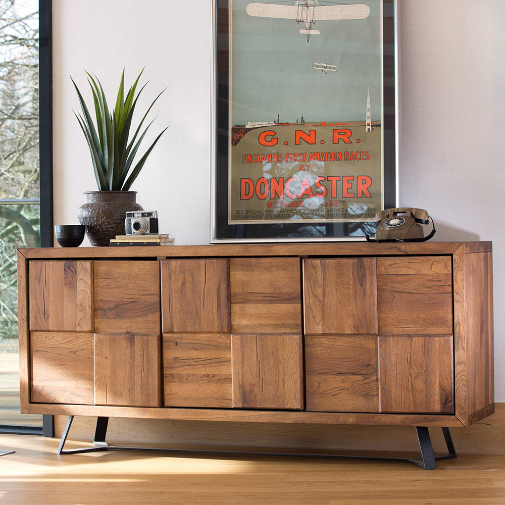 Solid oak checkerboard front sideboard in natural finish with black powder coated metal legs
