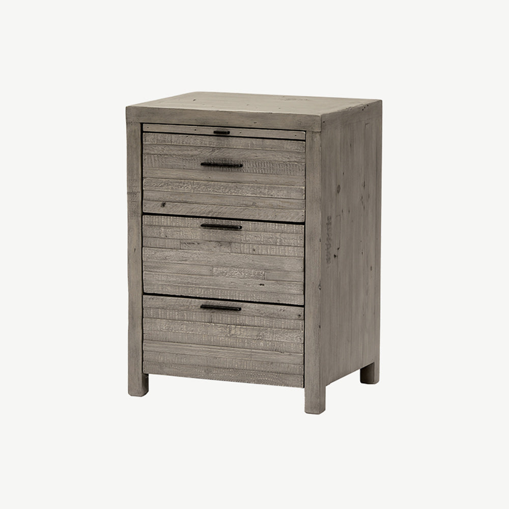 Reclaimed timber 3 drawer bedside cabinet in light grey teak finish